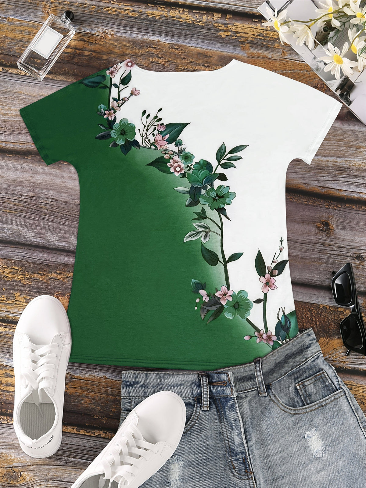 Short Sleeve Floral Print Colorblock Crew Neck T-Shirt