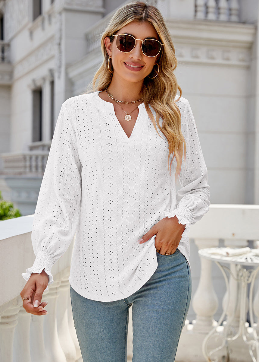 Solid Color Hollow Pleated Ruffle Sleeve V-Neck Loose Long Sleeve Top