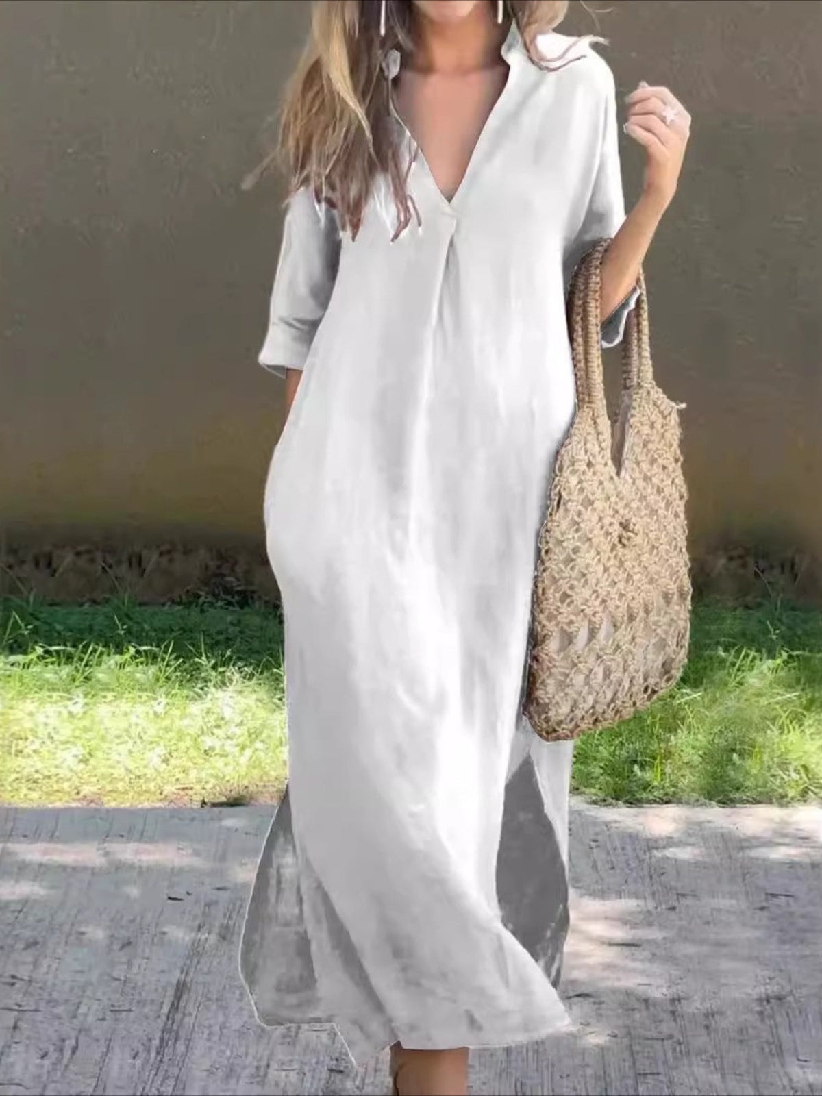 Women's Pocket Split Basic Casual Split Neck 3/4 Length Sleeve Maxi Dress