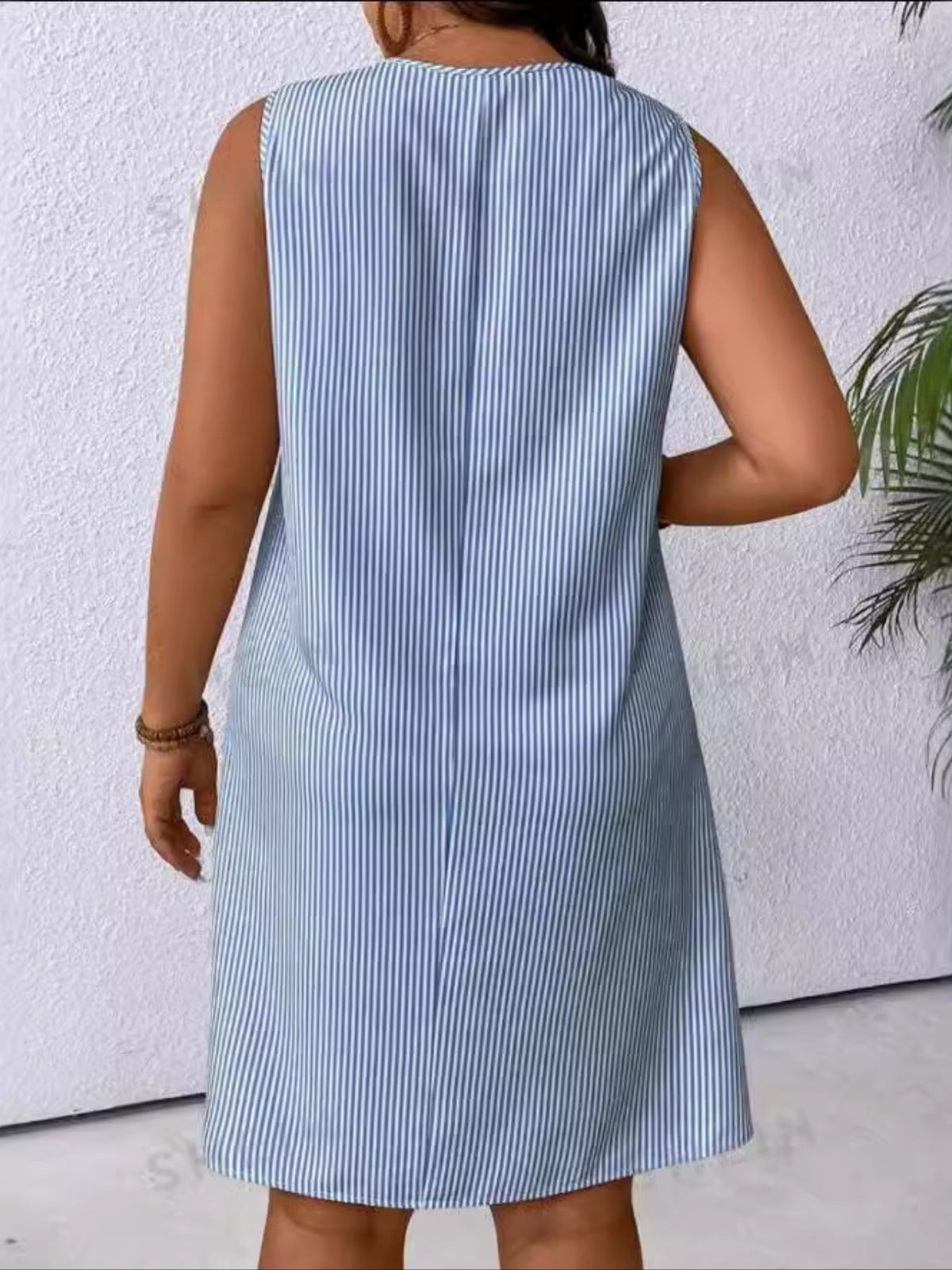 Striped Print Ring Decor Dress, Casual Pockets V-neck Dress