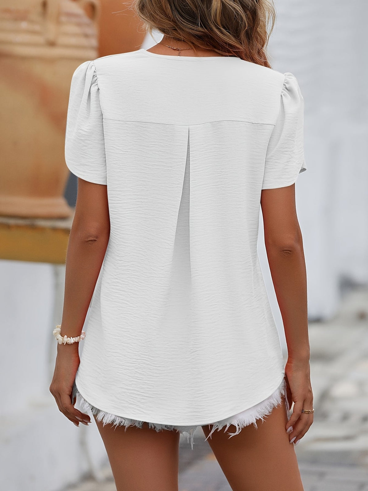 Simple Solid Top, Casual V Neck Short Sleeve Top