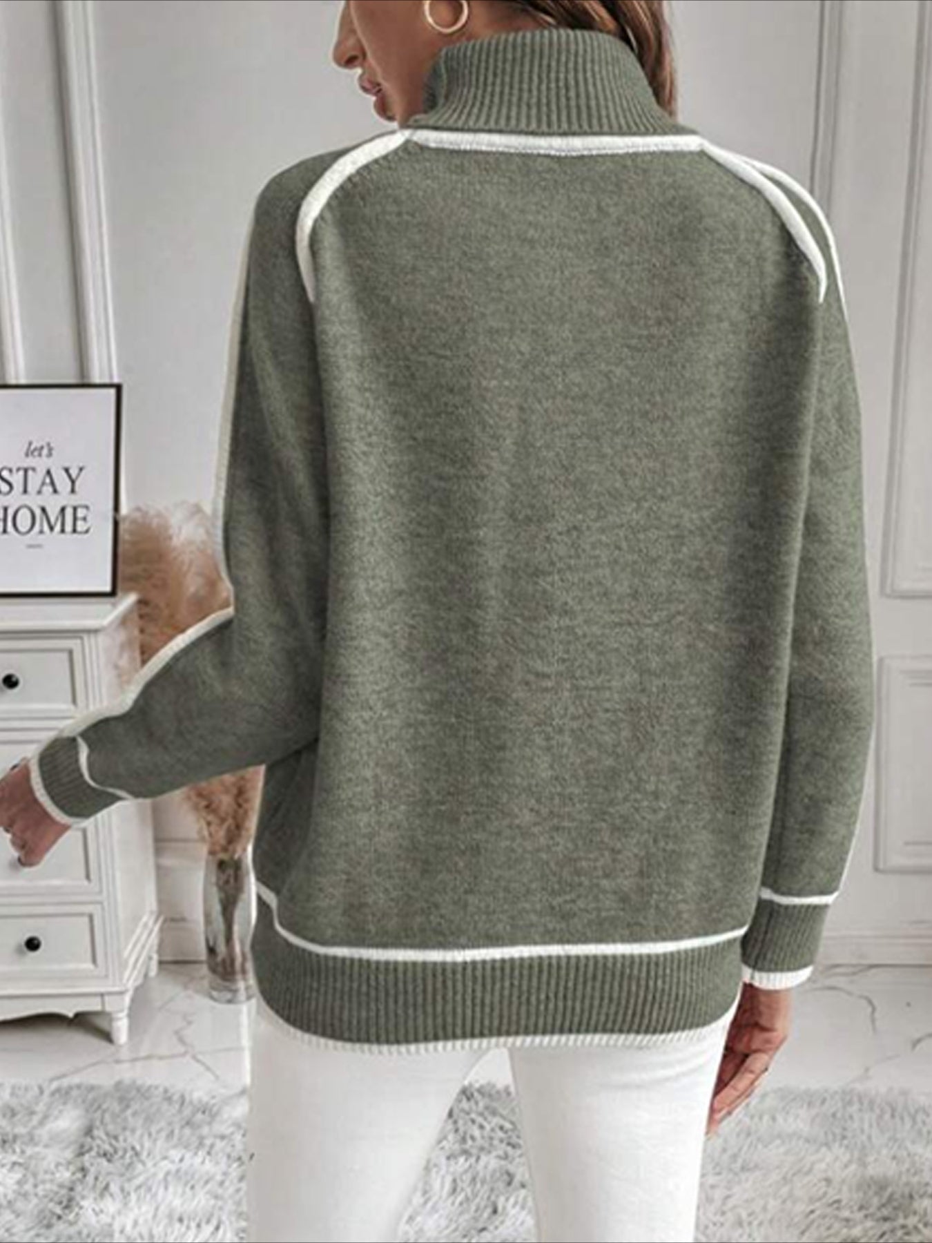 Stylish Contrast Trim Turtle Neck Sweater - Cozy Casual Long Sleeve Sweater