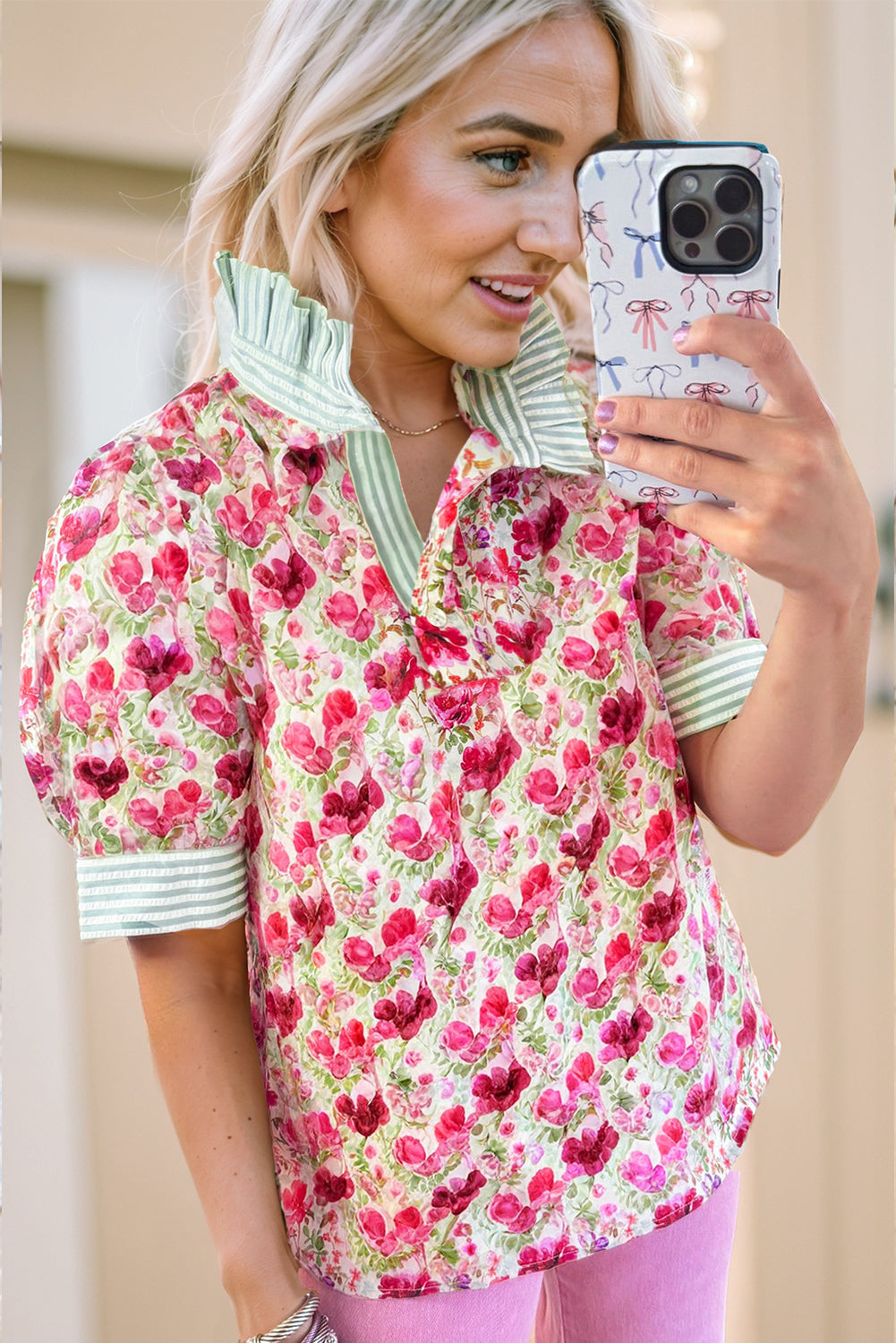 Red Floral Print Striped Patchwork Collared Short Sleeve Blouse