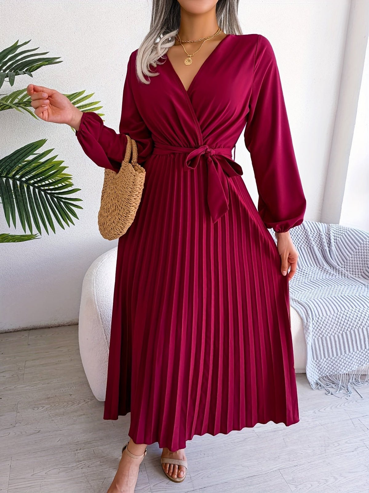 Pleated Surplice Neck Dress, Elegant Long Sleeve Solid Dress, Women's Clothing