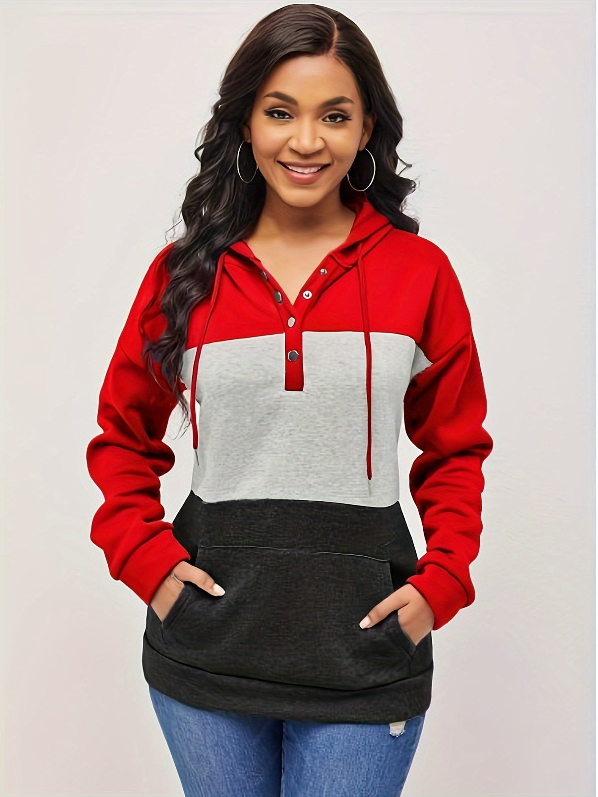 Color Block Button Drawstring Hoodie, Casual Long Sleeve Kangaroo Pocket Sweatshirt