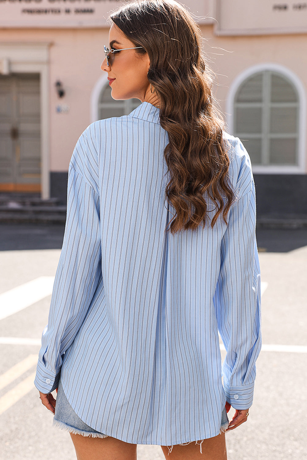 Sky Blue Stripe Button Up Oversized Casual Shirt