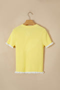 Yellow Cream Ribbed Knit Contrast Frilled Short Sleeve Sweater Cardigan