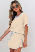 Apricot Colorblock Edge Drop Shoulder T Shirt and Skort 2Pcs Set