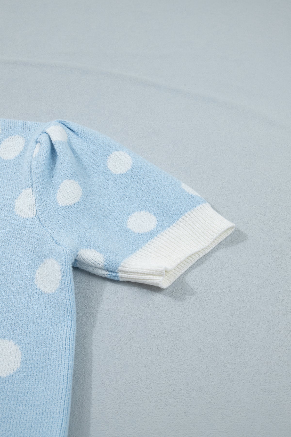 Light Blue Polka Dot Puff Short Sleeve Sweater Top
