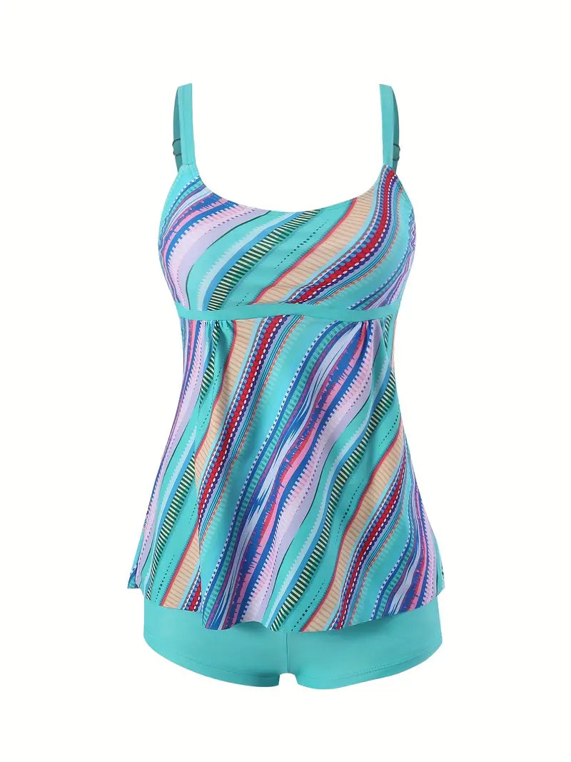 Colorful Digital Pattern Tankini Sets, Boxer Shorts Stretchy Tummy Cover Two Piece Swimsuit