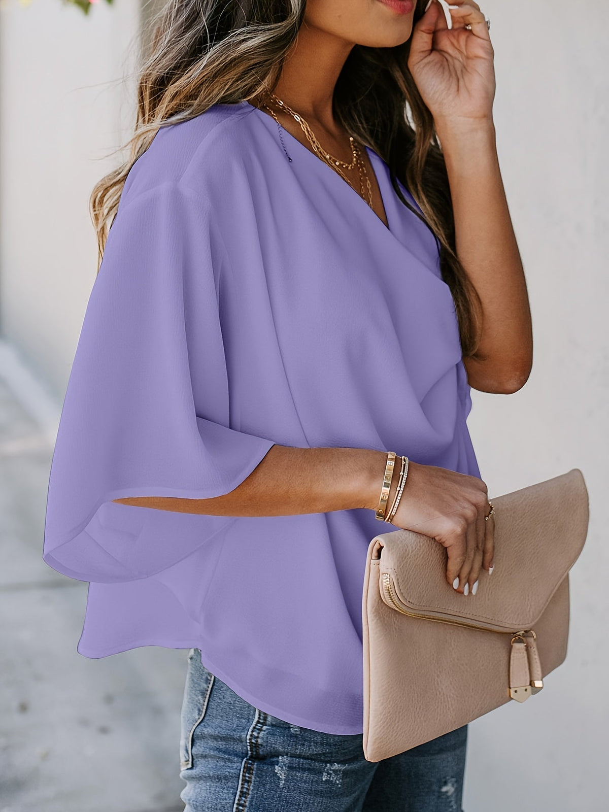 Women's Solid Cowl Neck Batwing Sleeve Blouse - Casual and Comfortable Fashion Top