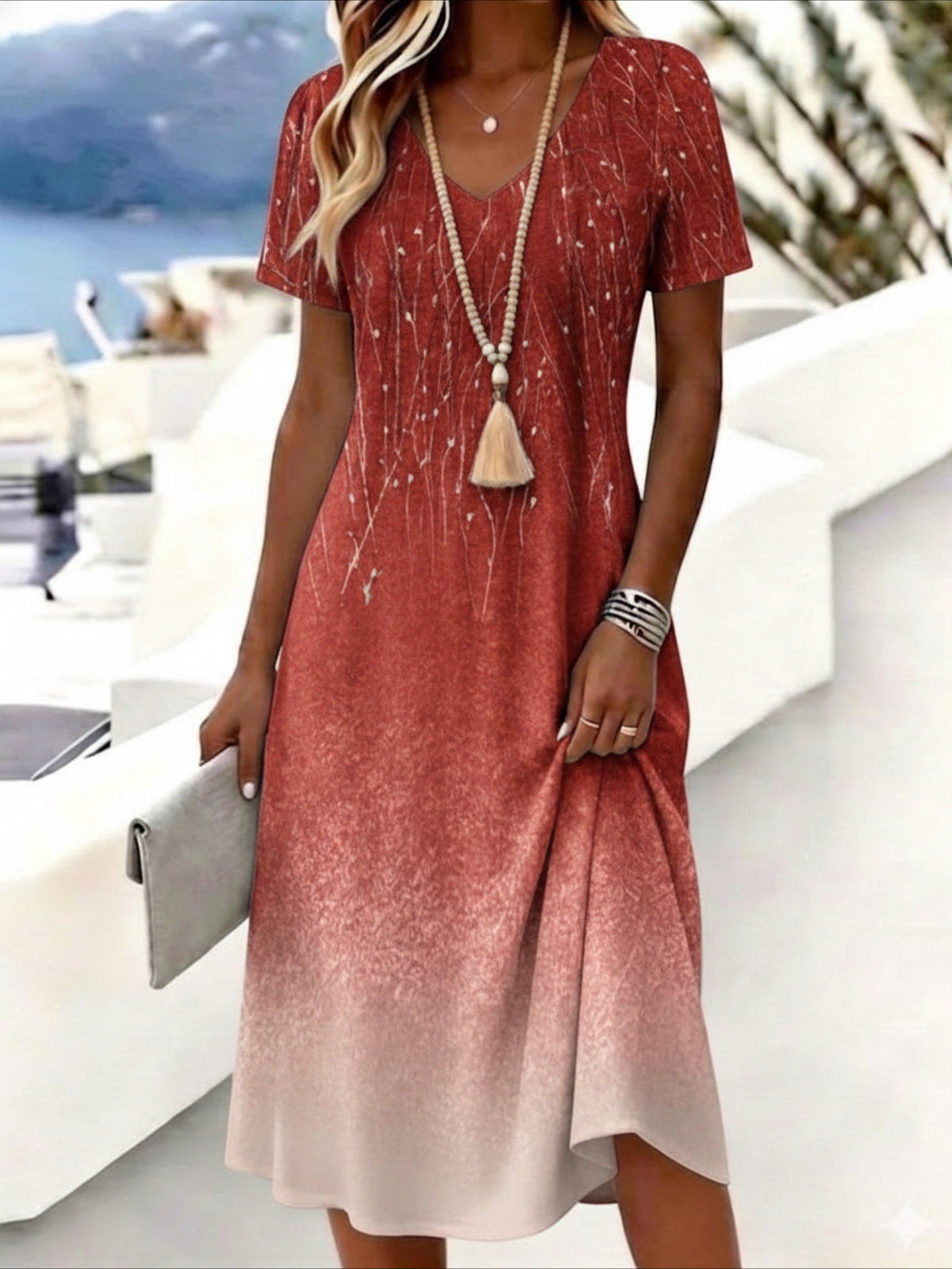 Print Short Sleeve V-Neck Casual Midi Dress
