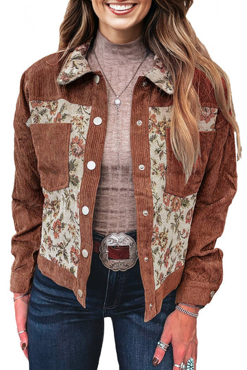 Clay Ribbed Retro Floral Patchwork Shirt Style Jacket