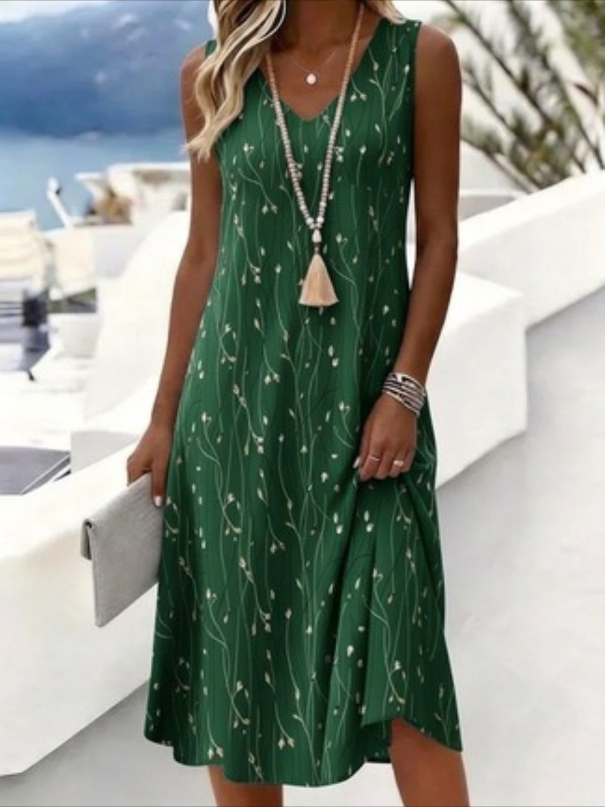 Leaf Print Sleeveless V-Neck Casual Midi Dress