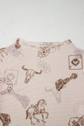 Oatmeal Western Print Slim Fit Mesh Long Sleeve Mock Neck Top