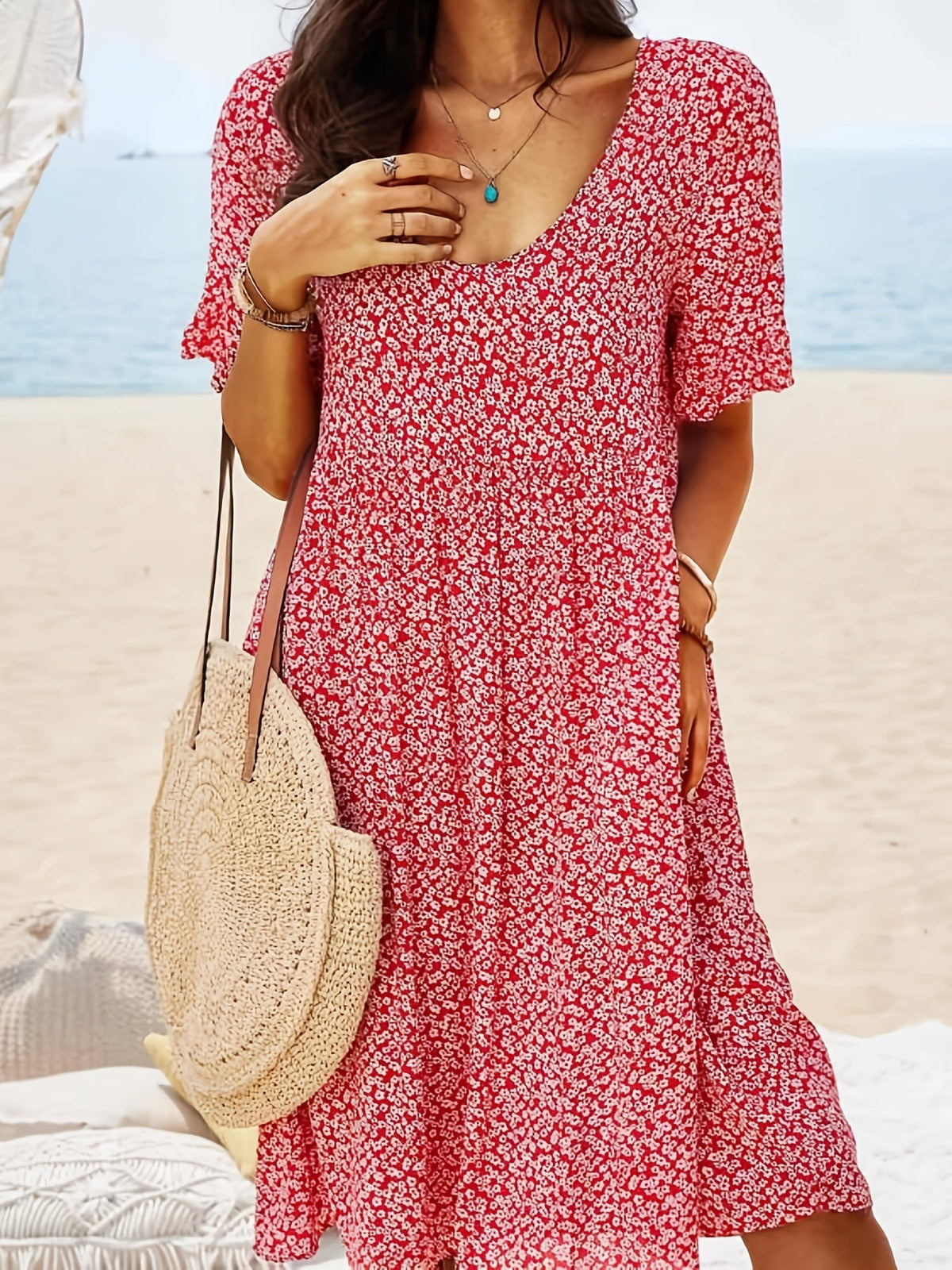 Women's Boho Floral Print Dress - Perfect for Beach Vacations and Casual Wear