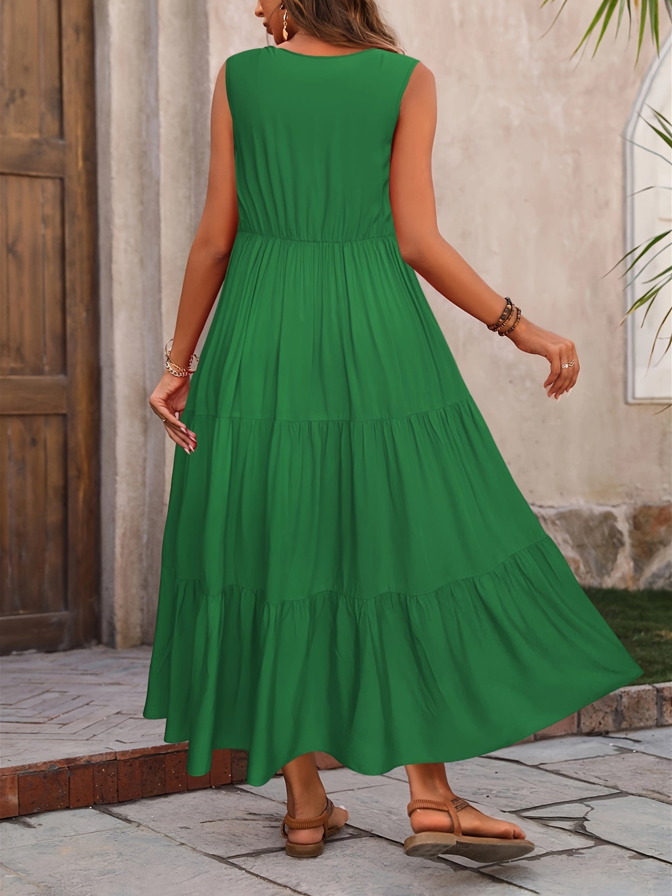 Loose V Neck Ruffle Hem Dress, Casual Sleeveless Dress