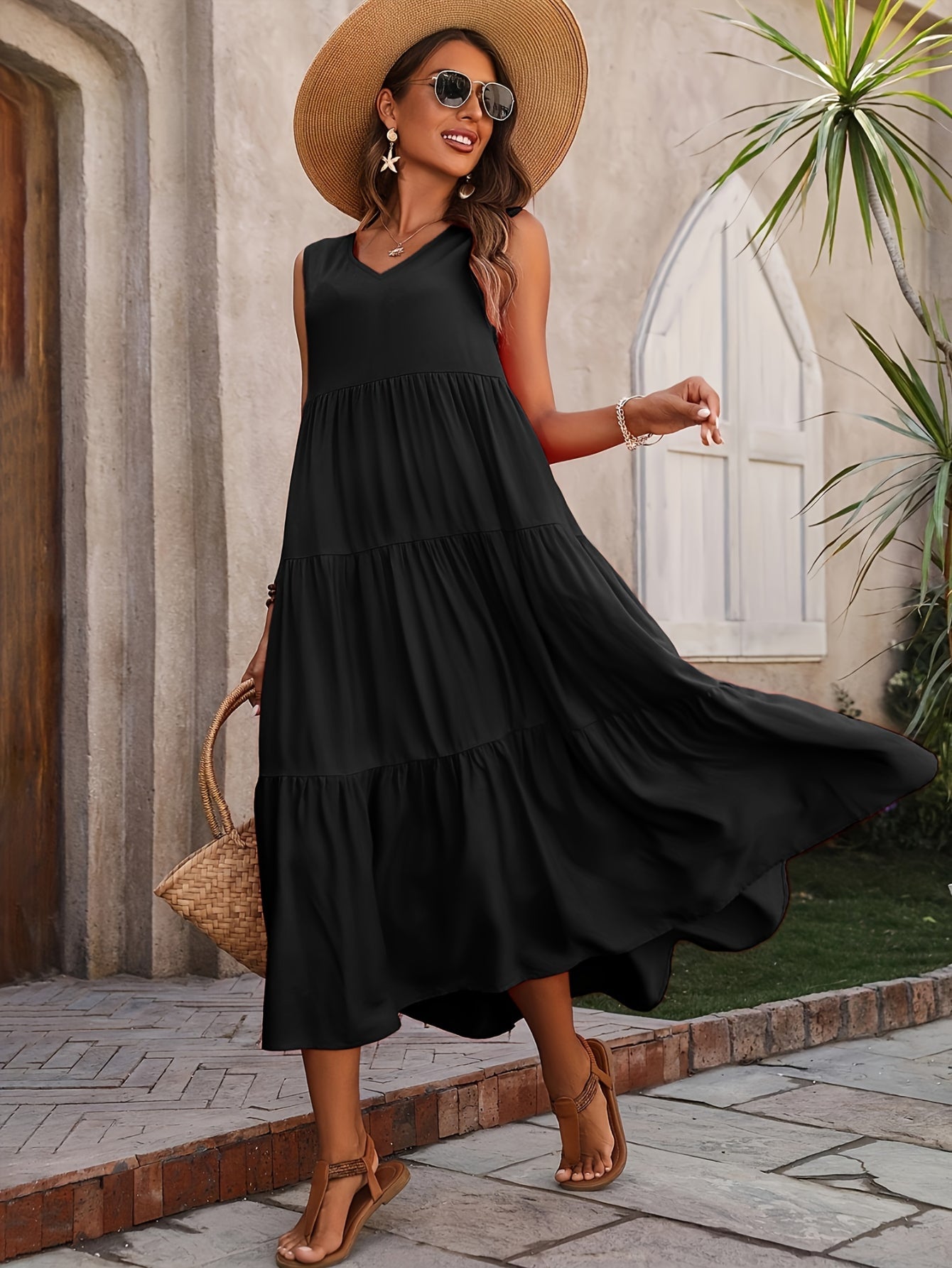 Loose V Neck Ruffle Hem Dress, Casual Sleeveless Dress