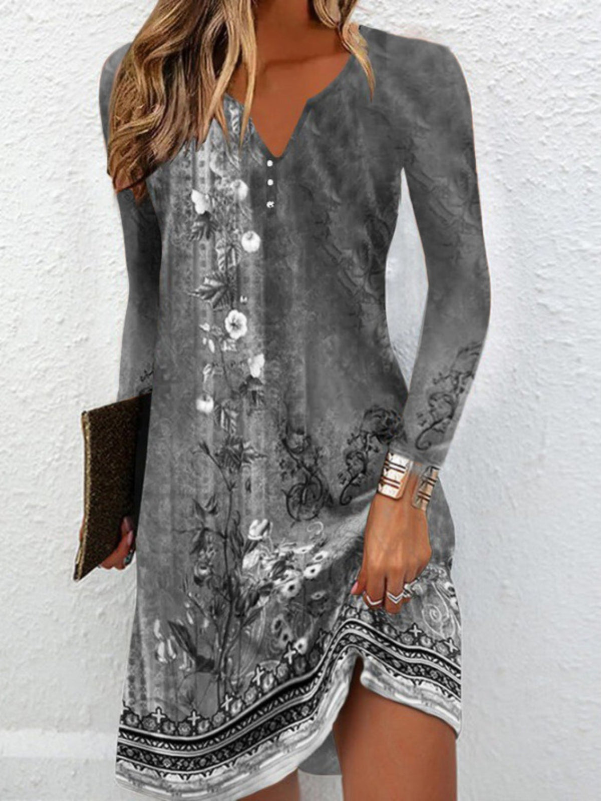 Floral Print Notched Neck Dress, Vintage Long Sleeve Mini Dress