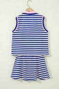 Dark Blue Textured Stripe Print Contrast Trim Zip Collar Sleeveless 2pcs Skort Set
