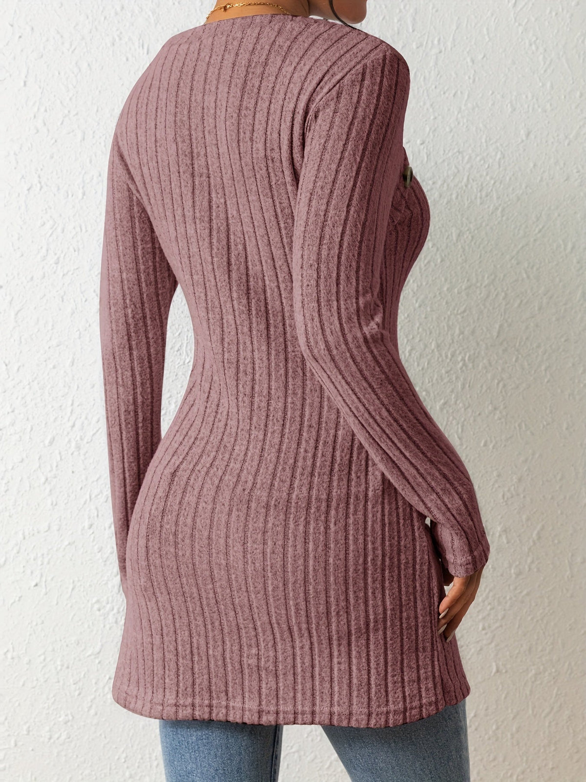 Button Decor Asymmetrical Hem T-Shirt, Casual Ribbed Long Sleeve Top