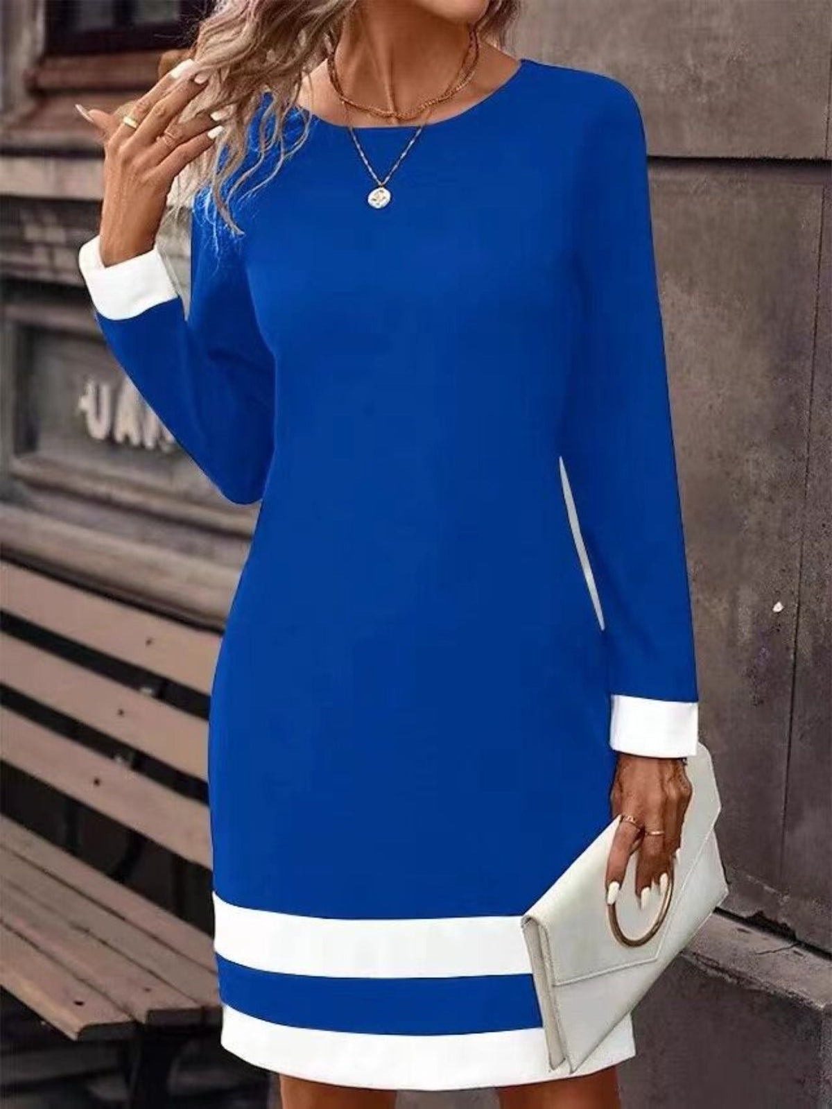 Color Block Crew Neck Midi Dress - Stylish & Versatile with Long Sleeves