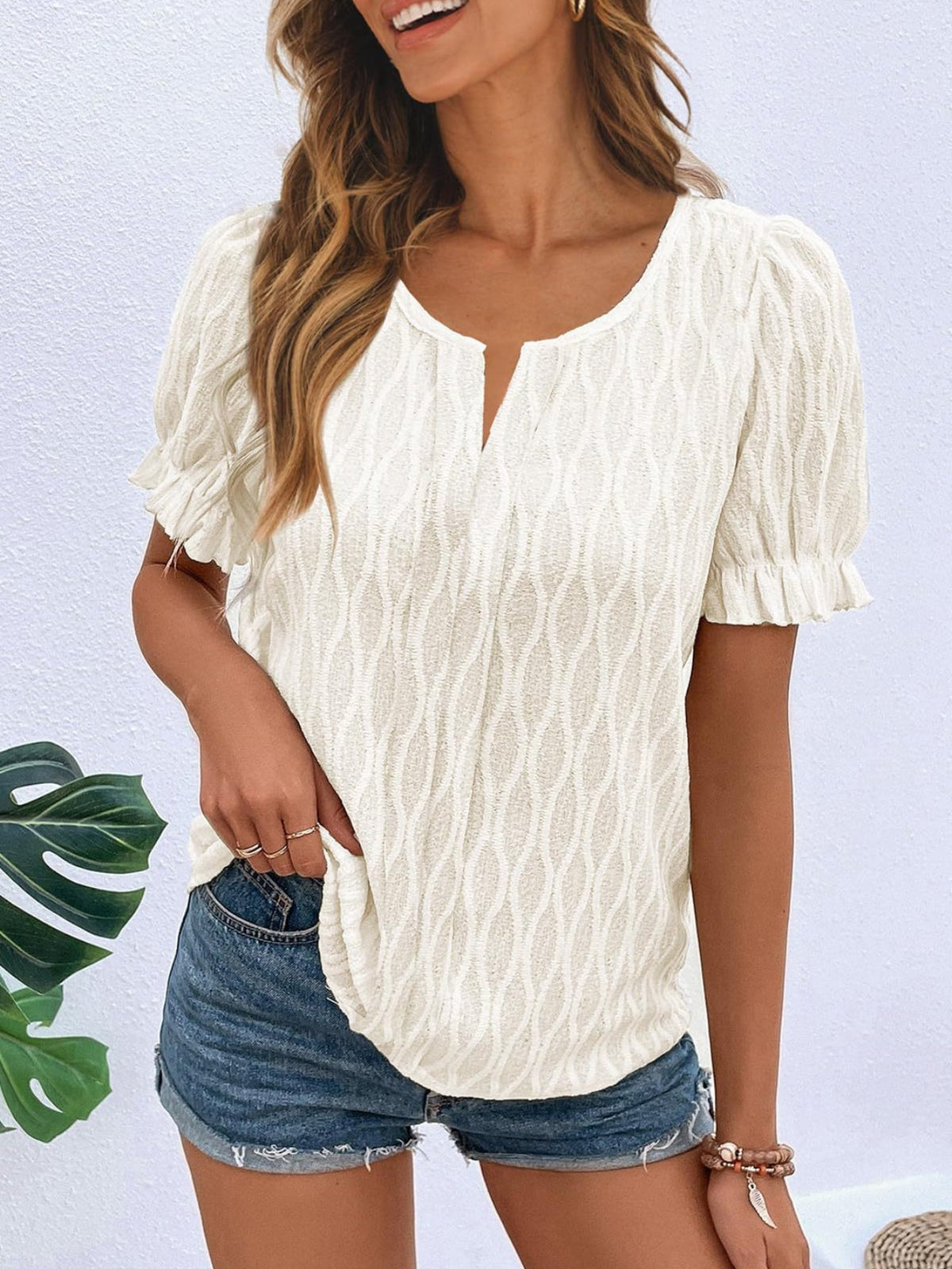 Solid Notched Neck Puff Sleeve Blouse