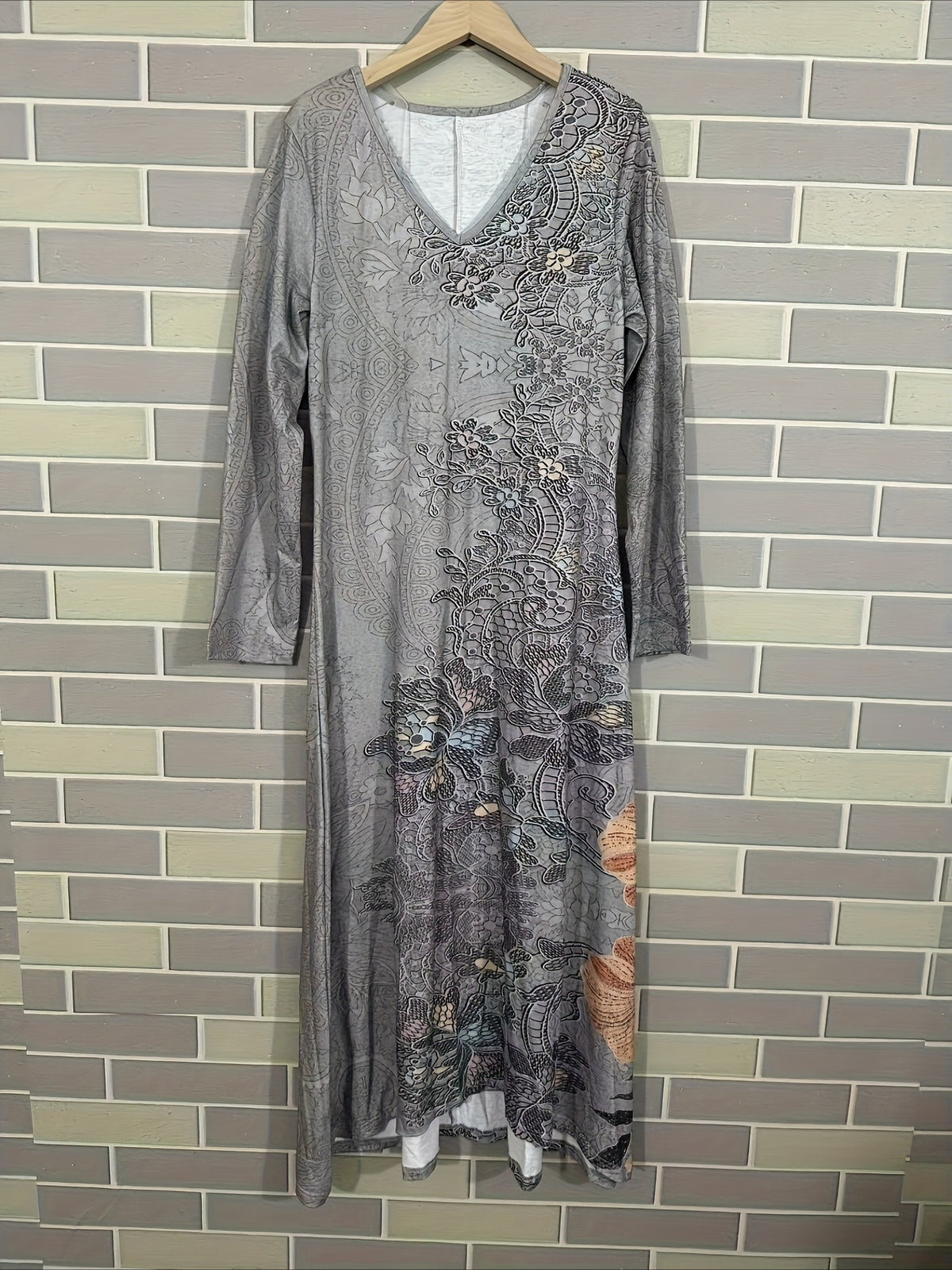 Vintage Ethnic Floral Digital Print Long Sleeve Dress