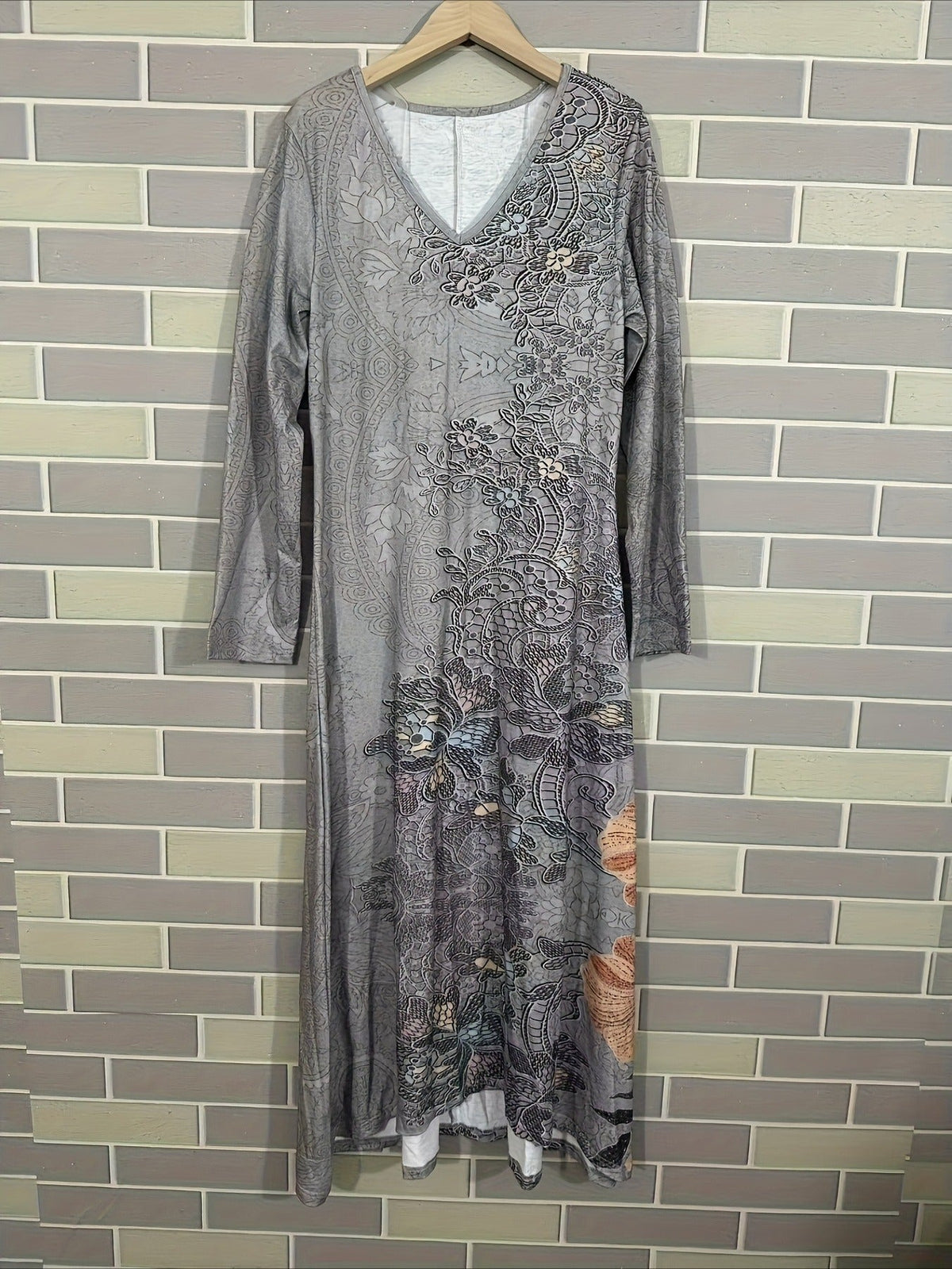 Vintage Ethnic Floral Digital Print Long Sleeve Dress