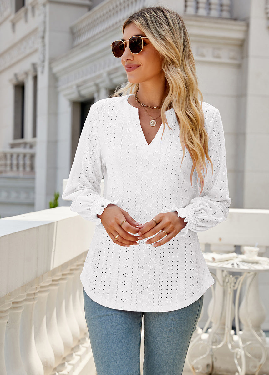 Solid Color Hollow Pleated Ruffle Sleeve V-Neck Loose Long Sleeve Top