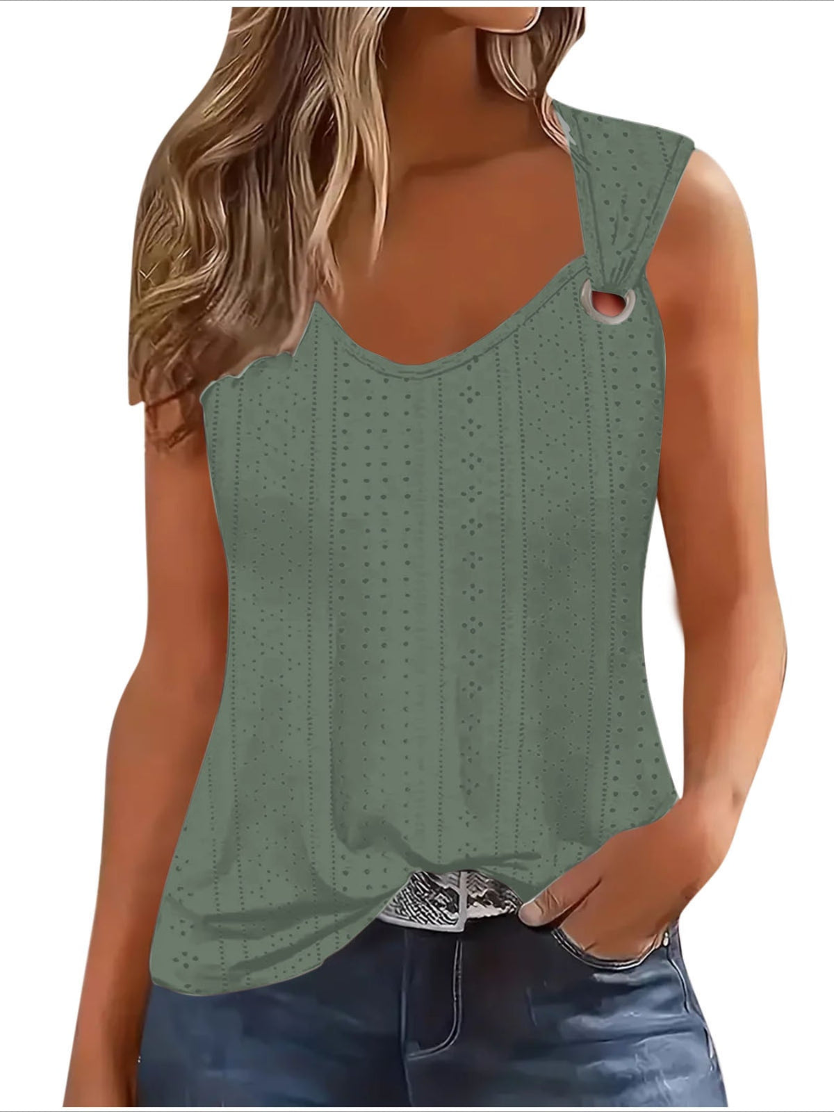 Eyelet Solid Tank Top, Casual Sleeveless Tank Top