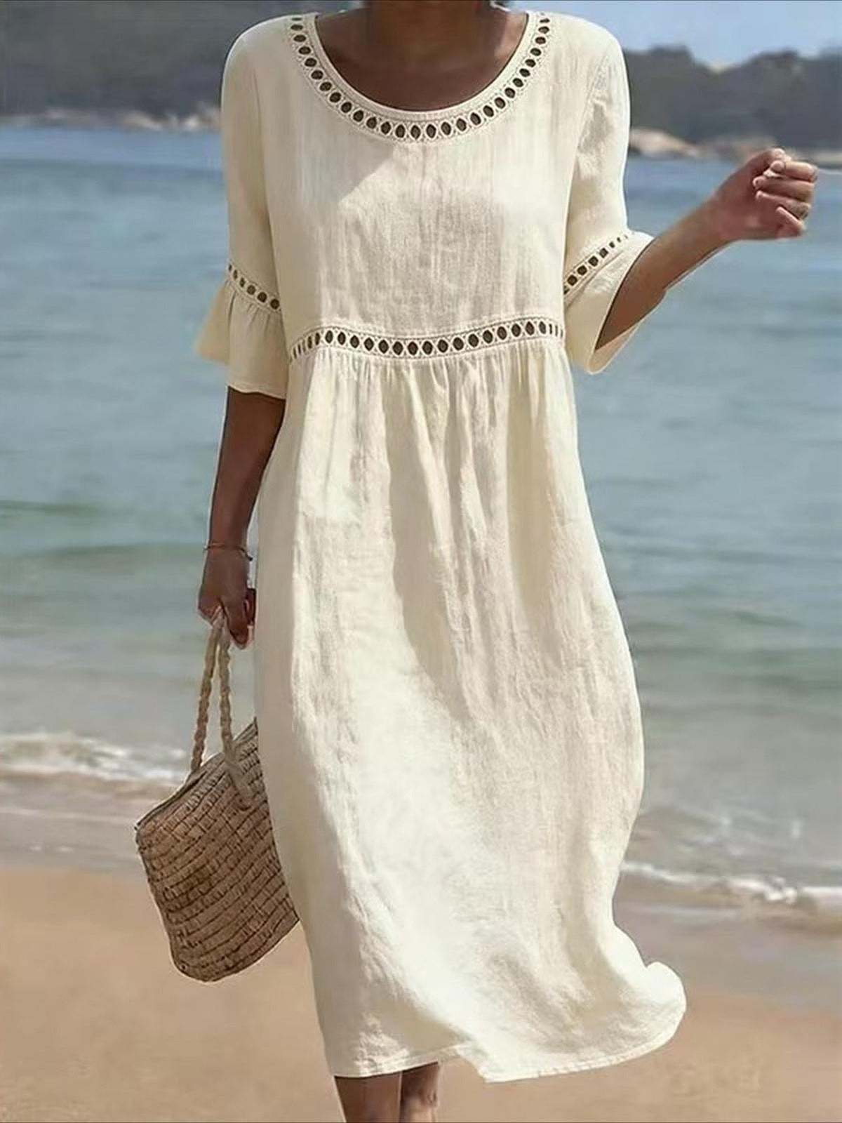 Color Retro Laced Lace Short Sleeve Round Neck Dress