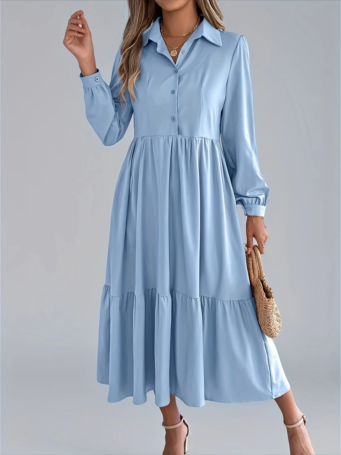 Elegant Solid Color Ruffle Hem Long Sleeve Lapel Collar Midi Dress