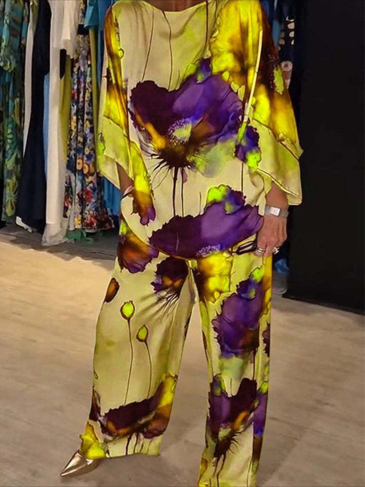 2 Pieces 3/4 Length Sleeve Crew Neck Floral Print Casual Pants Sets