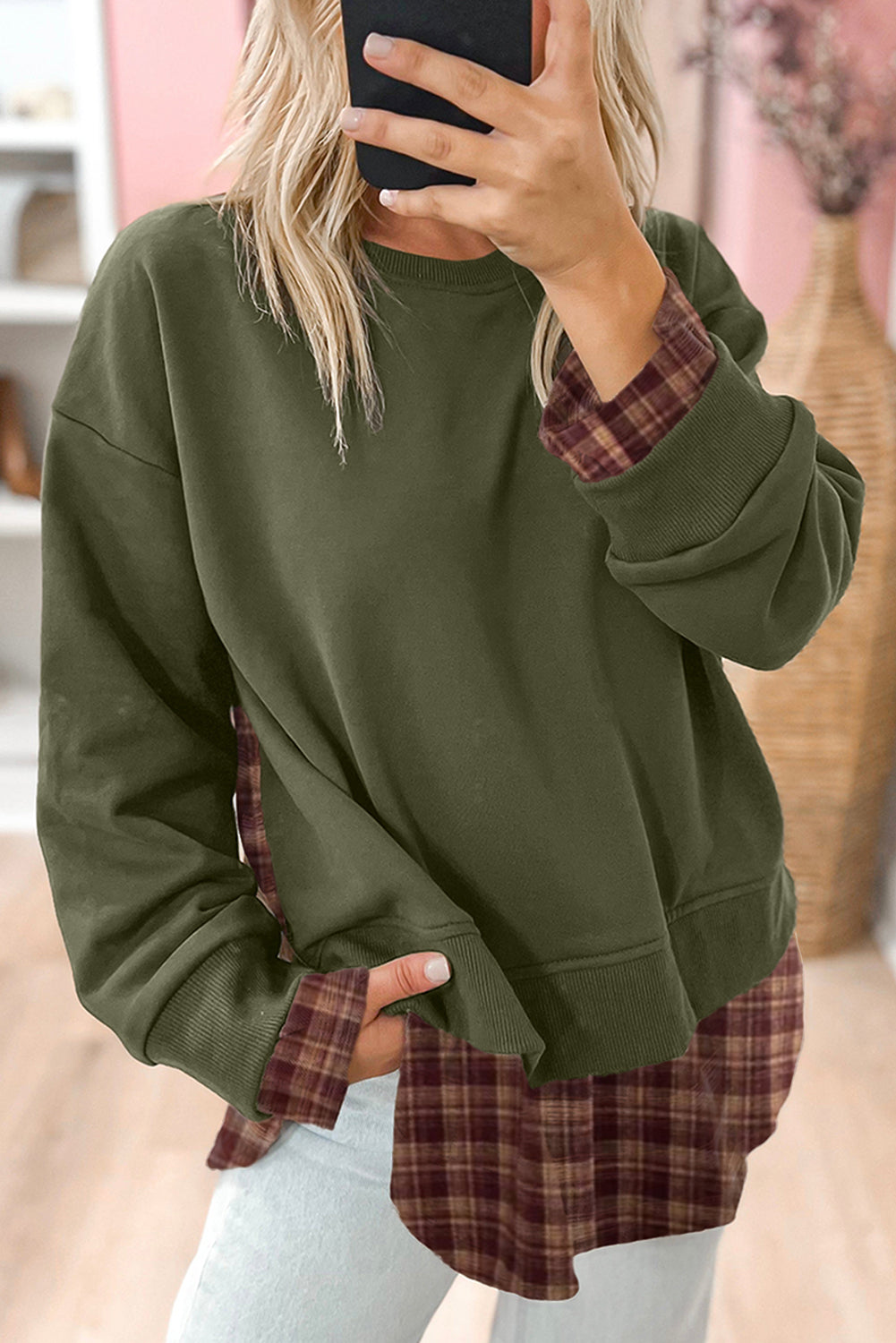 Moss Green Vintage Plaid Patchwork Drop Shoulder Sweatshirt