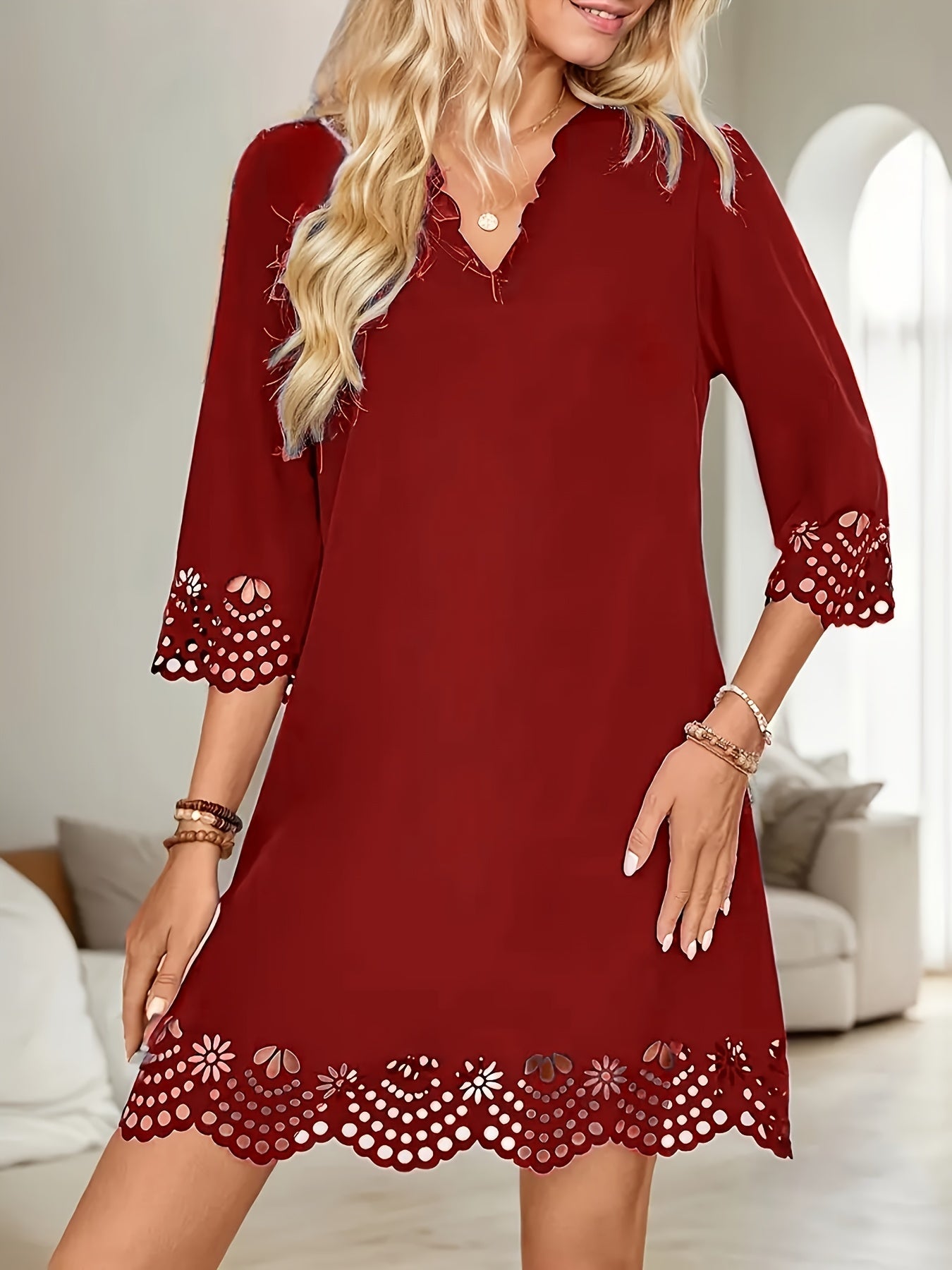 Elegant Slimming A-Line V-Neck Long Sleeve Dress