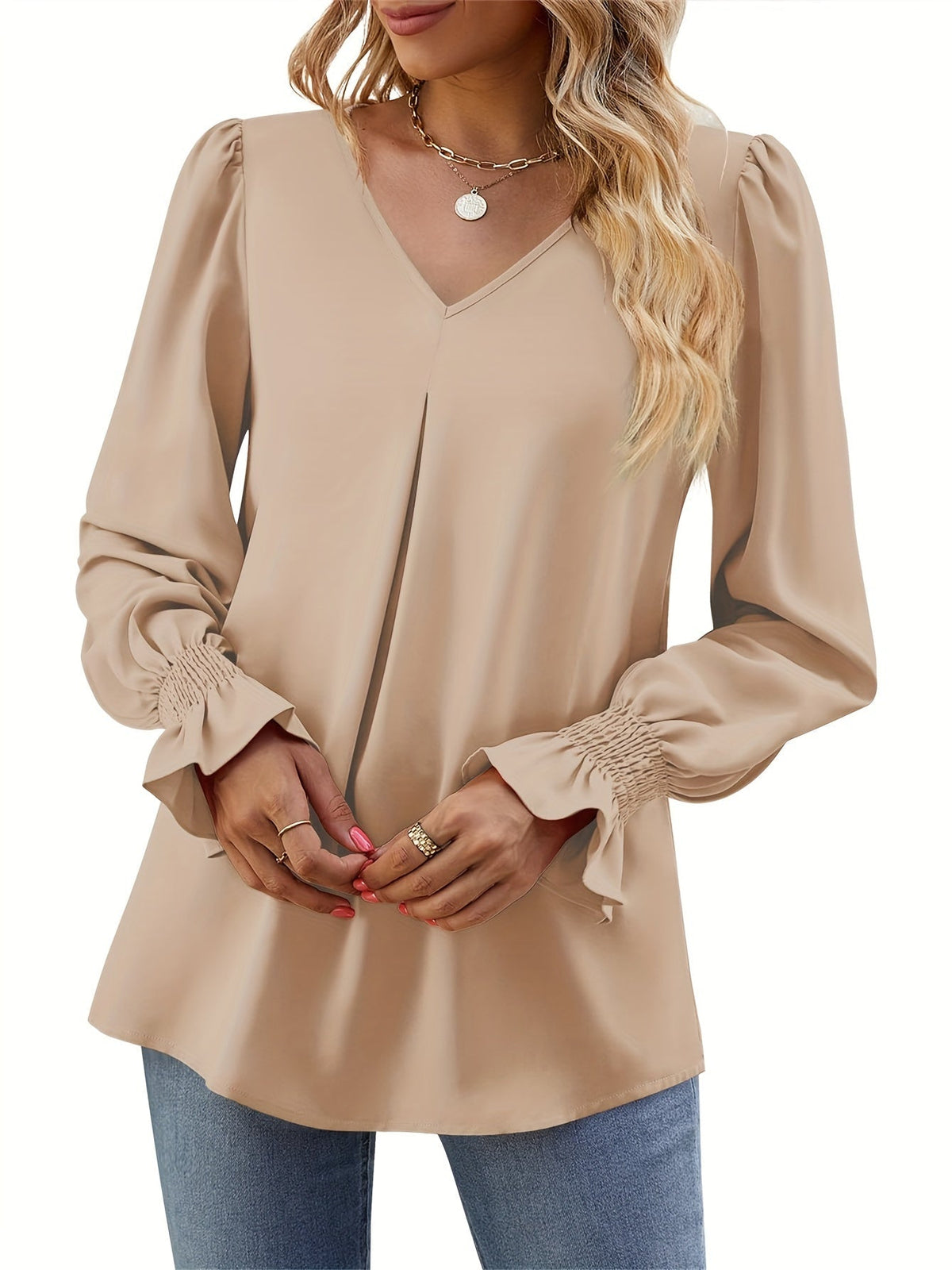 Solid V Neck Simple Blouse, Elegant Long Sleeve Ruched Blouse