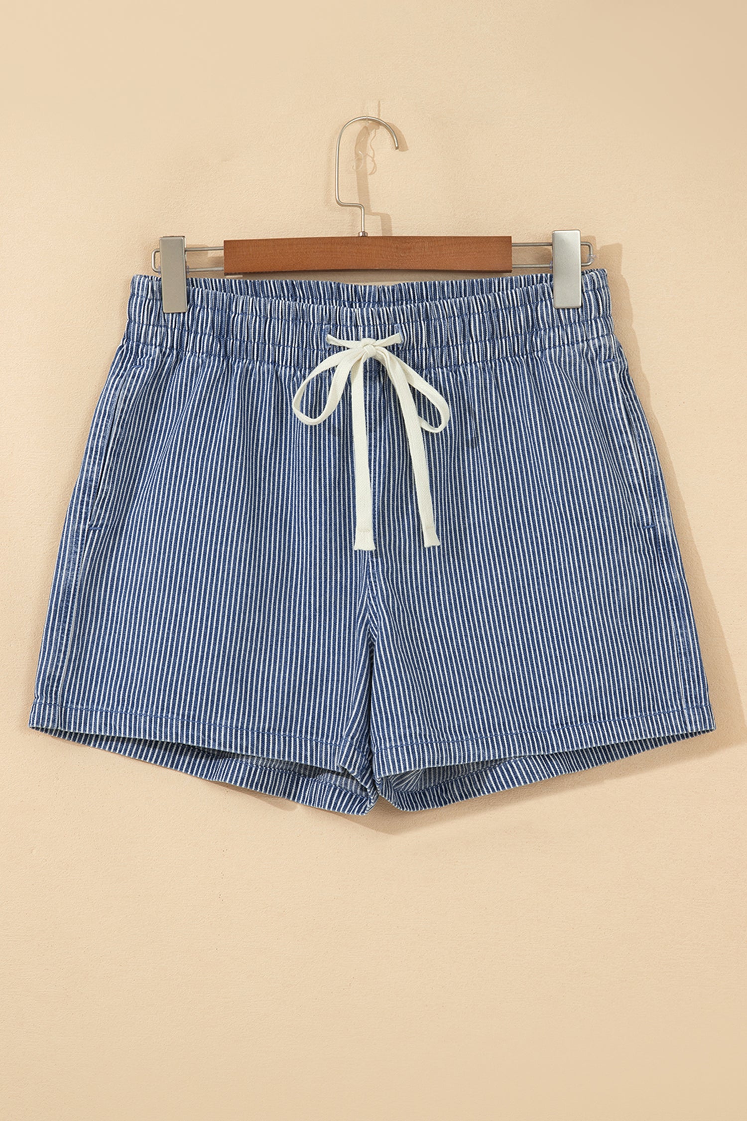 Blue Stripe Drawstring Elastic Waist Casual Denim Shorts