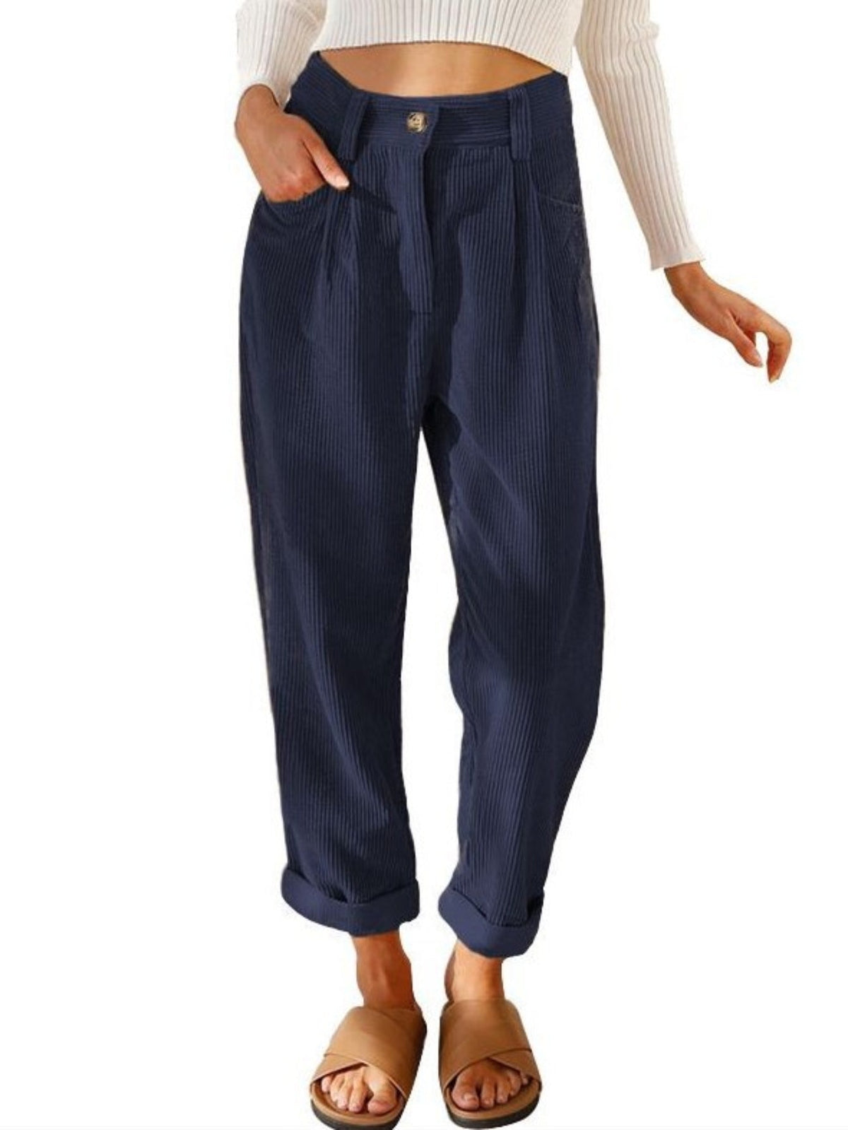Women's High-Waist Corduroy Pants - Casual Solid Color, Loose Fit Straight Leg with Pockets