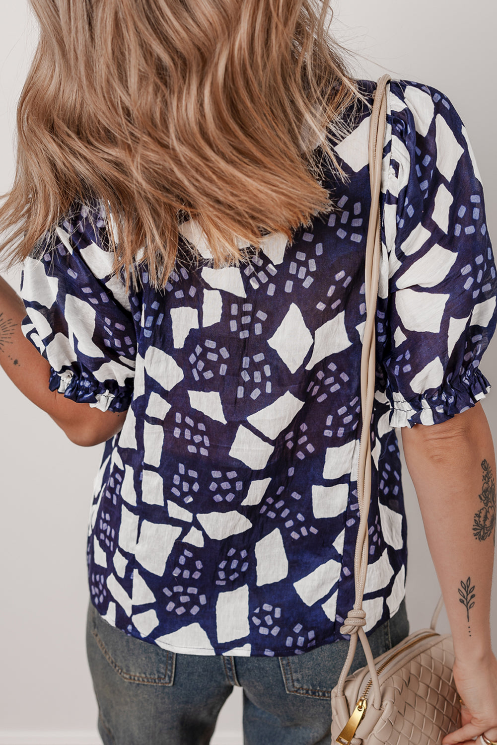 Blue Abstract Print Frilled Puff Sleeve V Neck Blouse