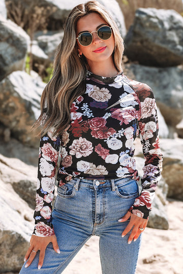 Pink Mesh Floral Print Mock Neck Long Sleeve Slim Top