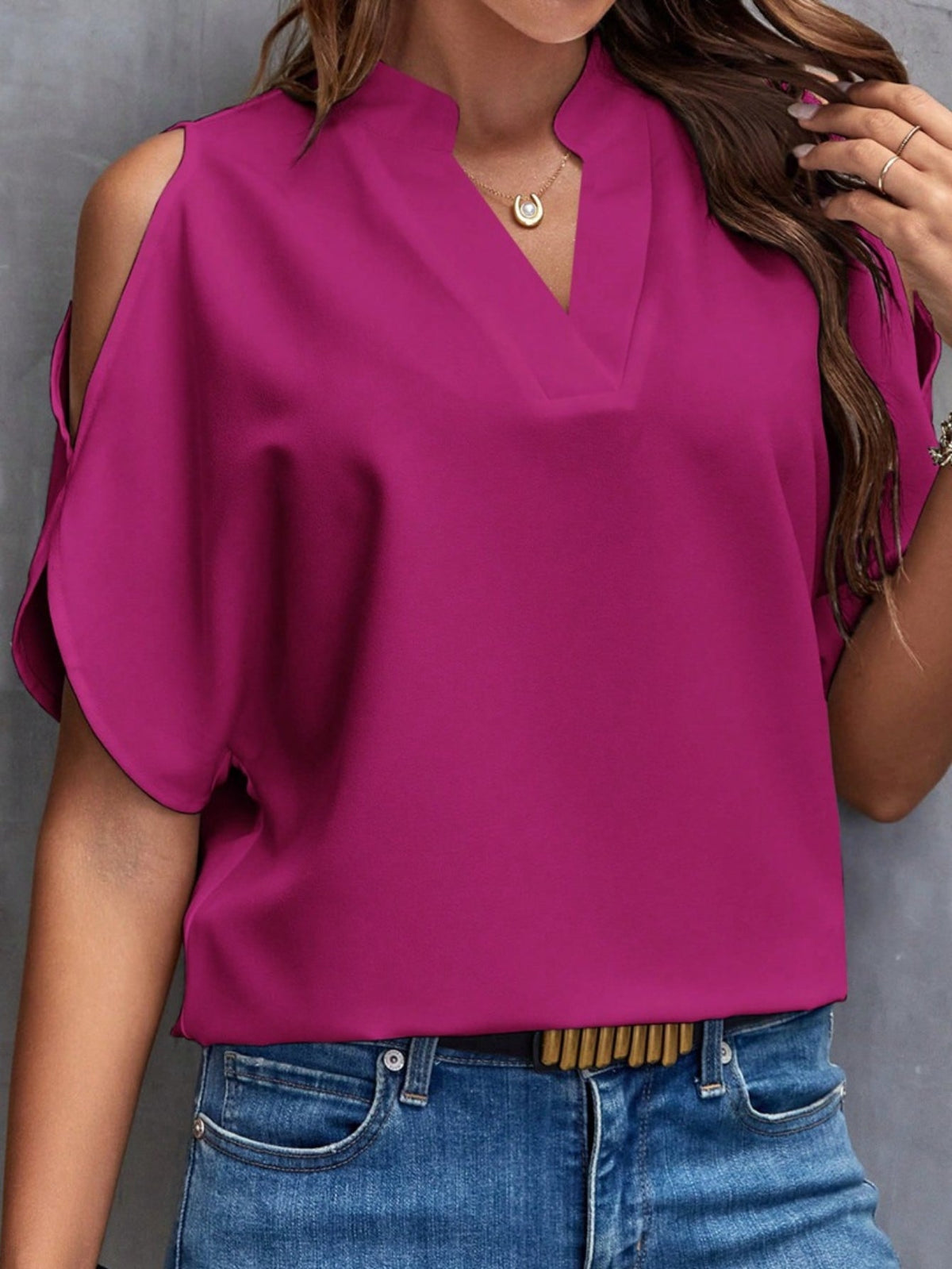 Solid Notched Neck Simple Blouse