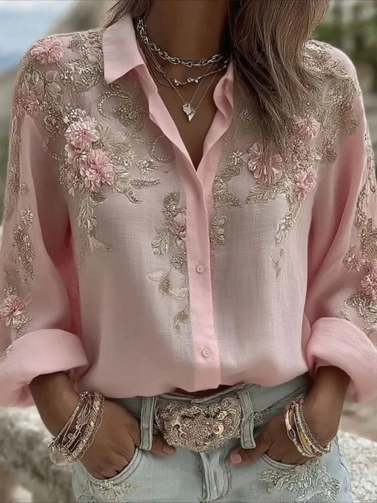 Flower Prints Stand Collar Casual Long Sleeve Blouse