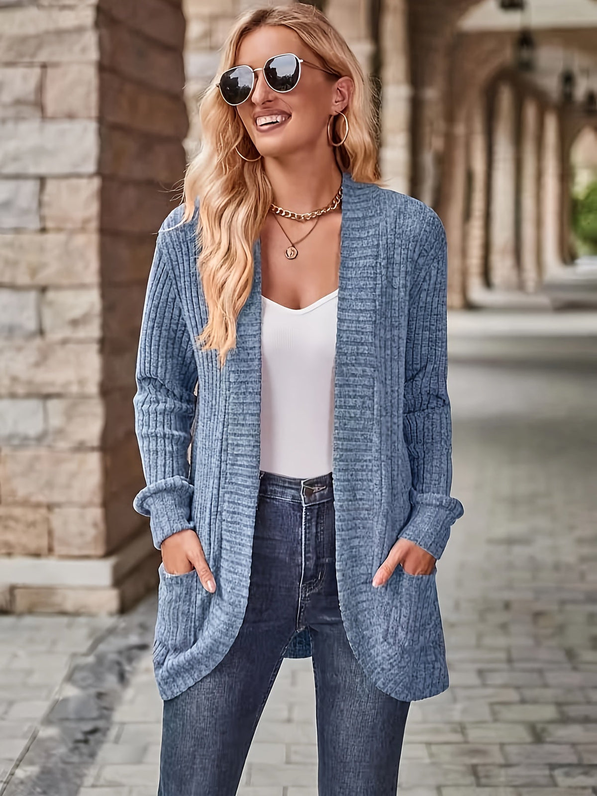 Solid Open Front Cardigan, Casual Long Sleeve Drop Shoulder Outwear