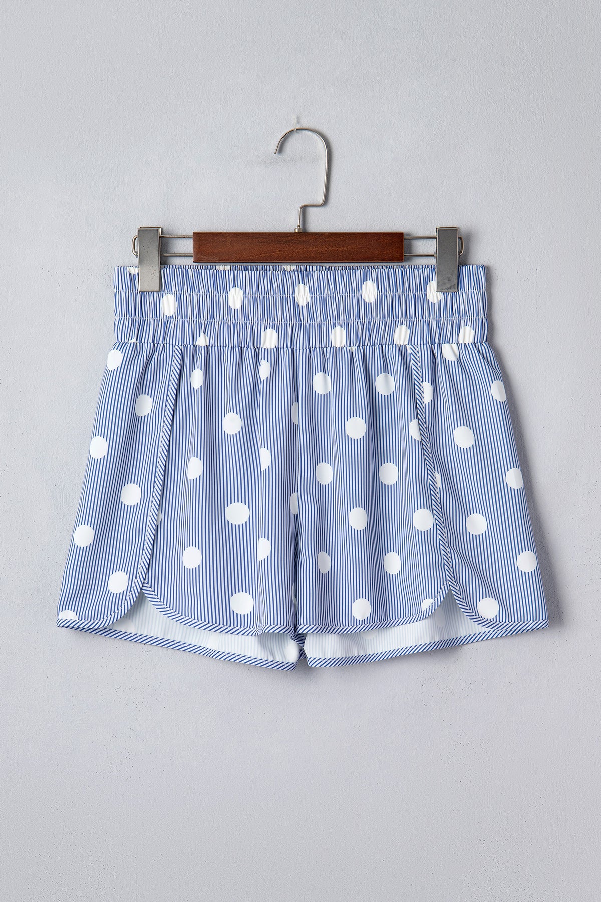 Sky Blue Polka Dot Print Shirred High Waist Casual Shorts