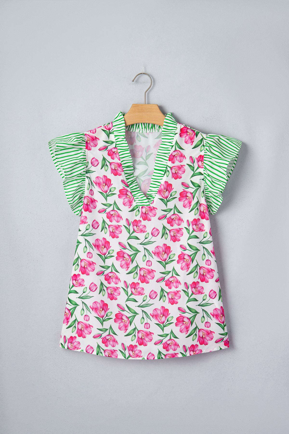Multicolour Sweet Floral Print Striped Ruffle Trim V Neck Blouse