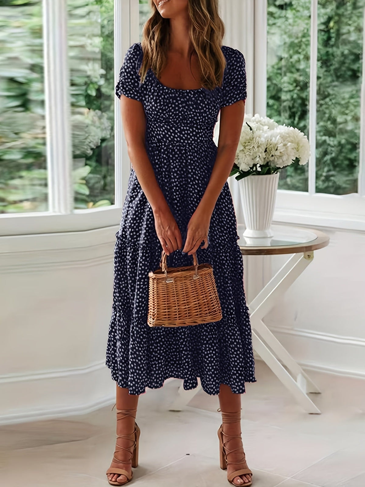 Polka Dot Ruffle Hem Dress, Casual Square Neck Short Sleeve Dress