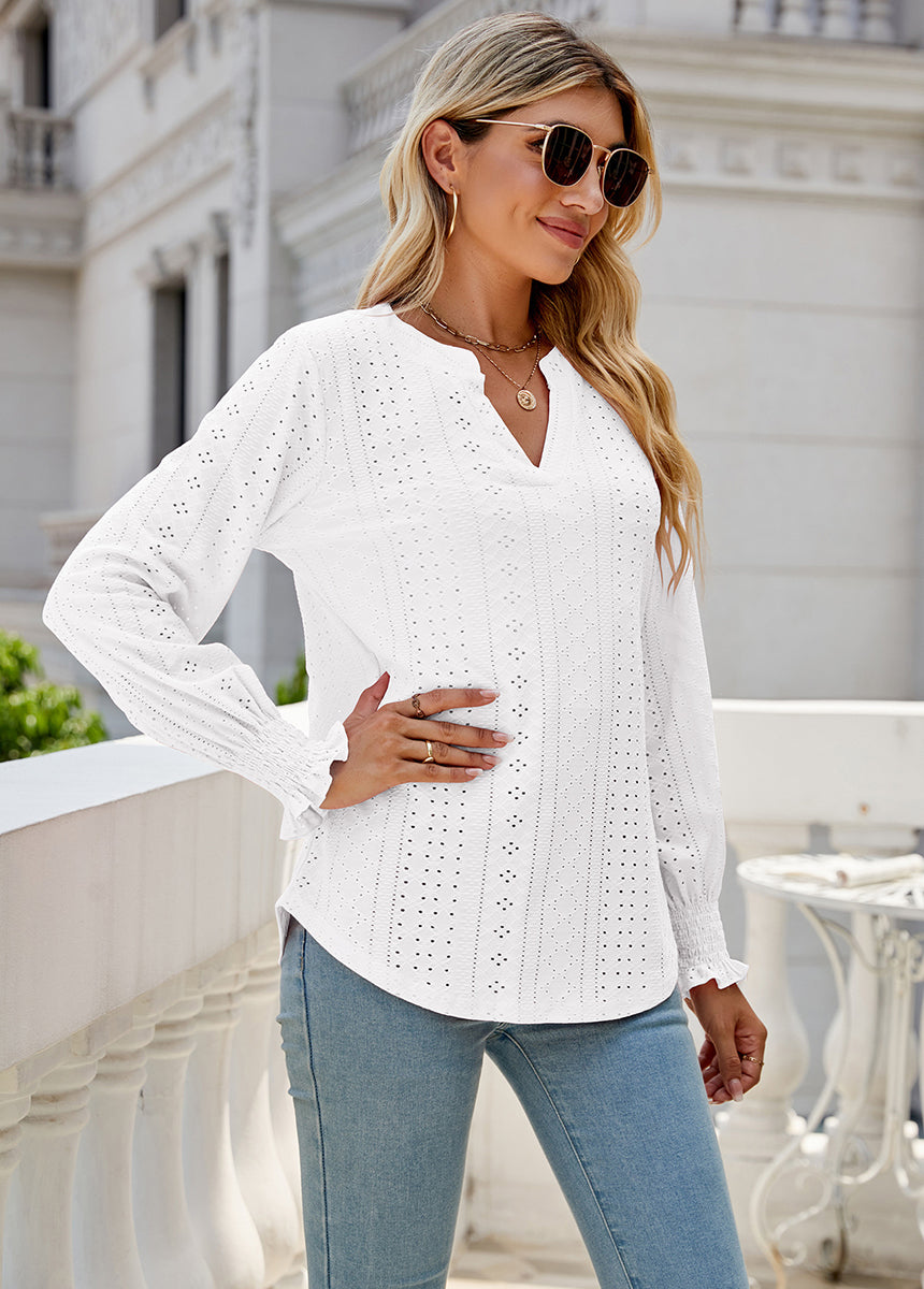 Solid Color Hollow Pleated Ruffle Sleeve V-Neck Loose Long Sleeve Top