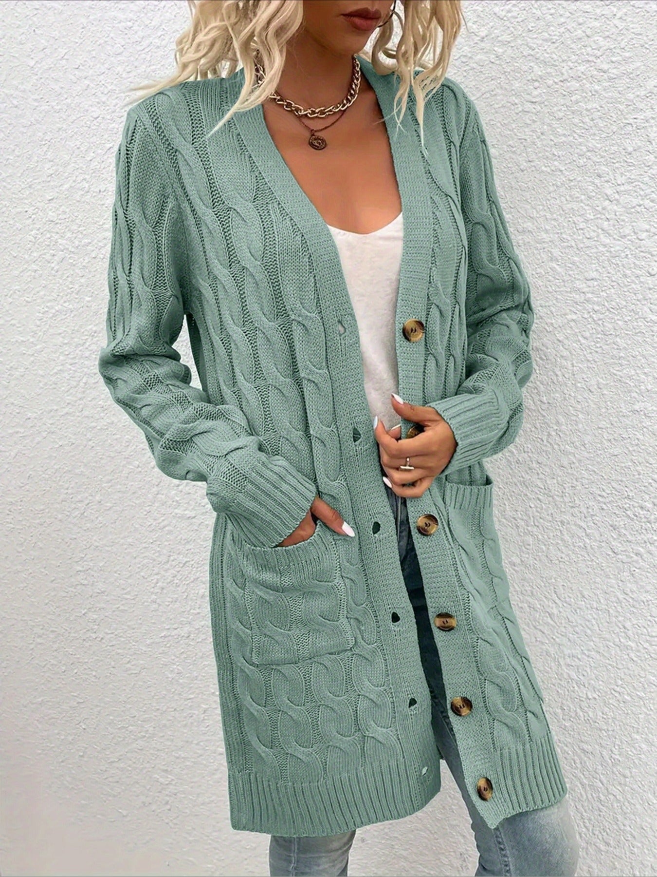 Elegant Long Nylon Soft Warm V-Neck Long Sleeves Sweater with Button Front