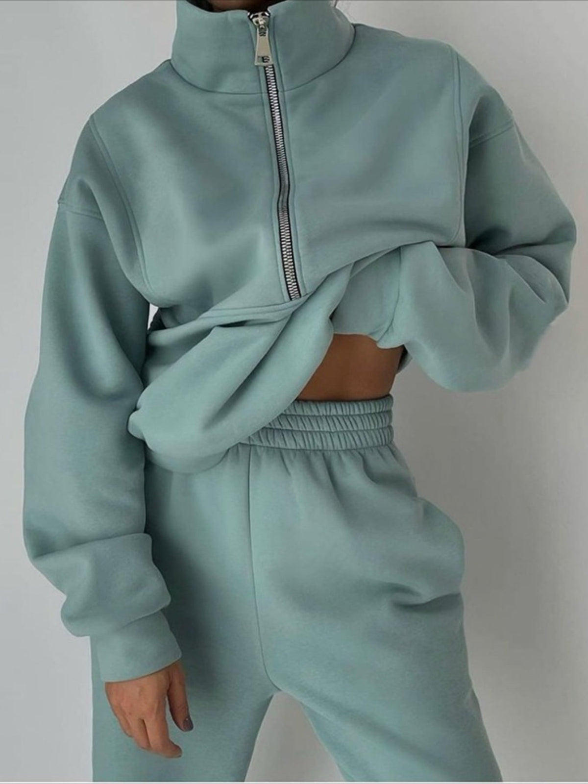 Cozy Fleece Zip-Up Top & Loose Pants Two-Piece Set
